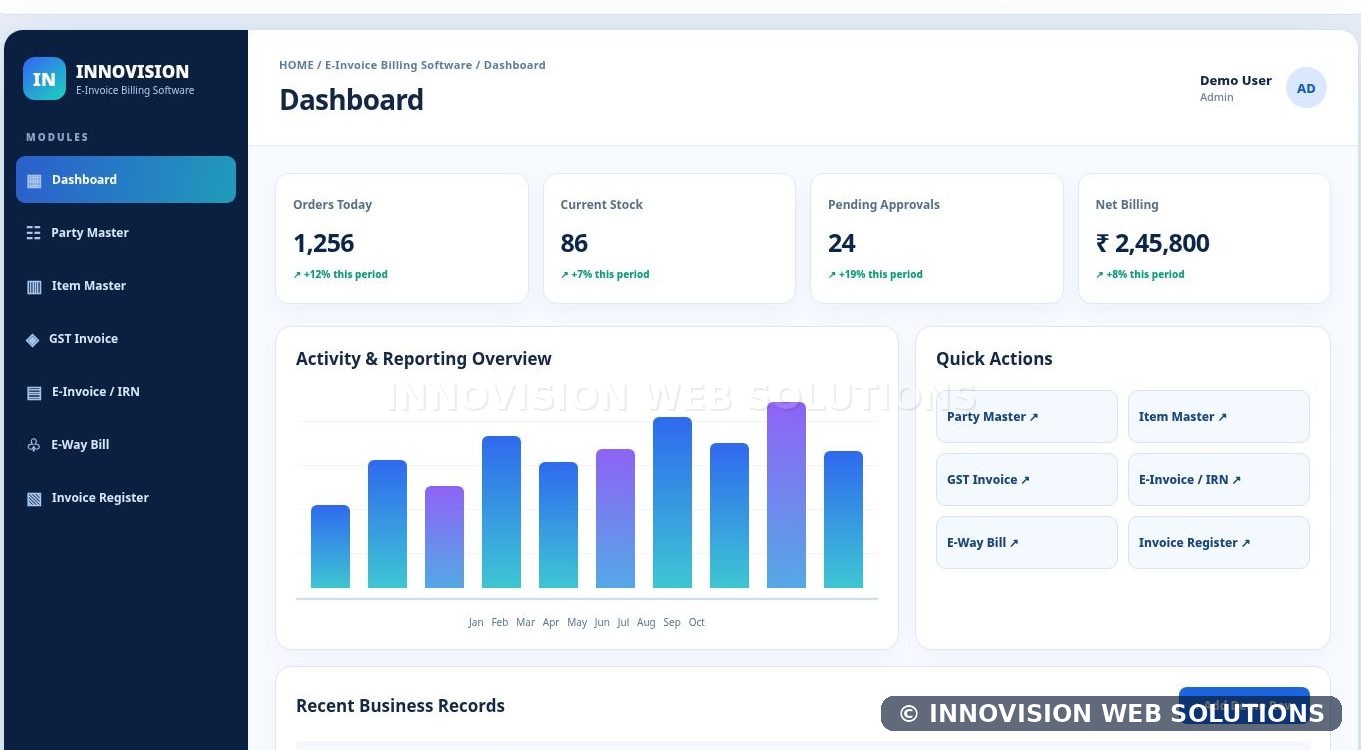 E-Invoice Billing Software relevant software dashboard and module preview