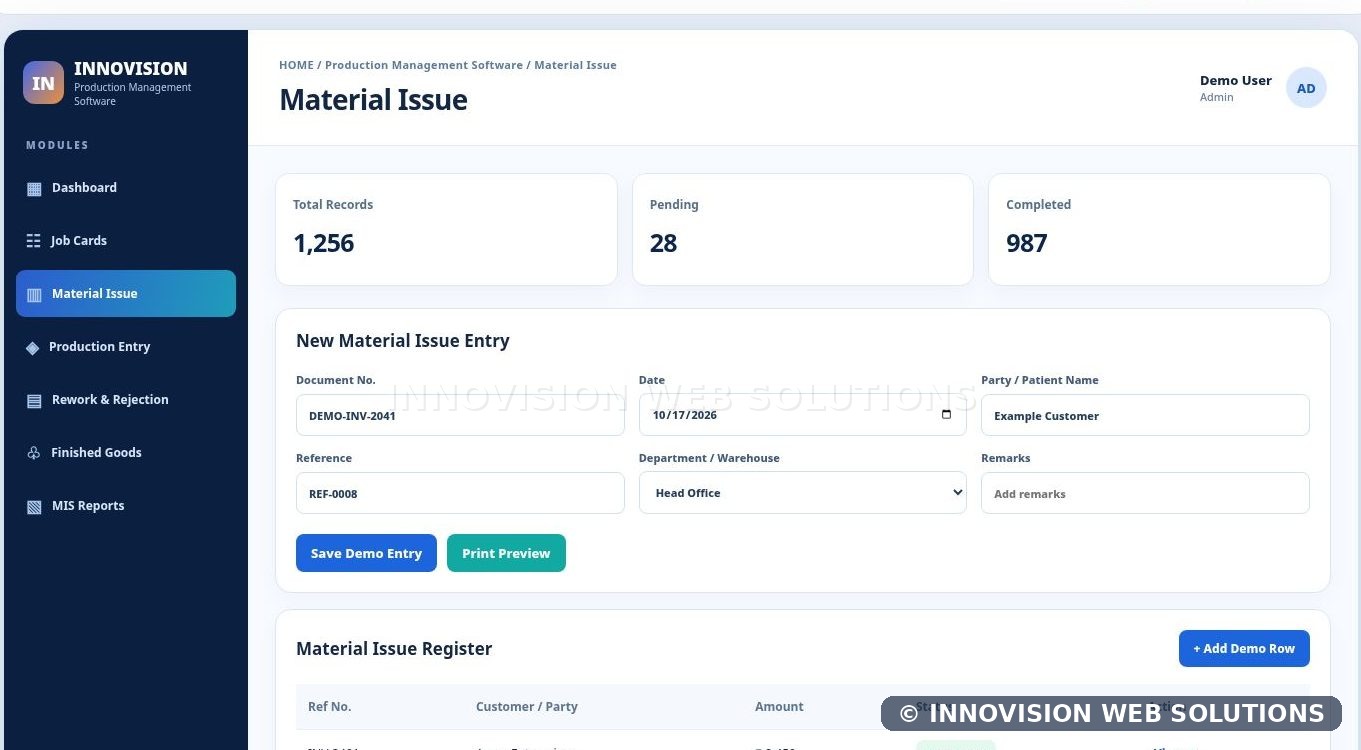 Production Management Software dashboard