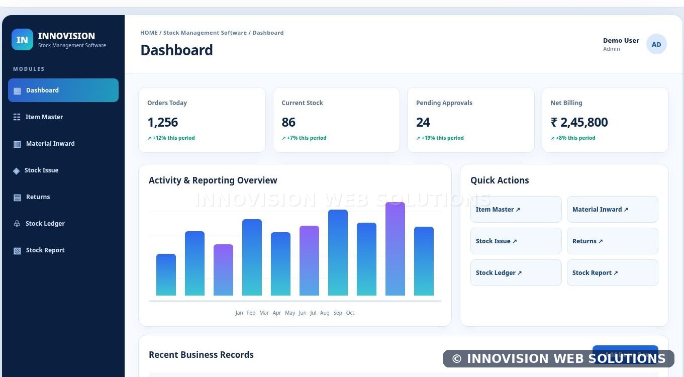 Stock Management Software relevant software dashboard and module preview