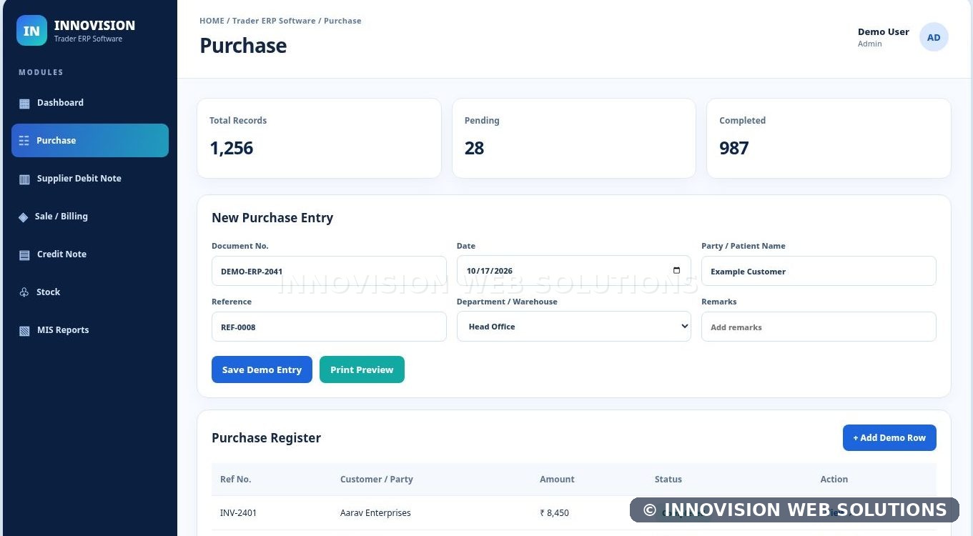 Trader ERP Software dashboard